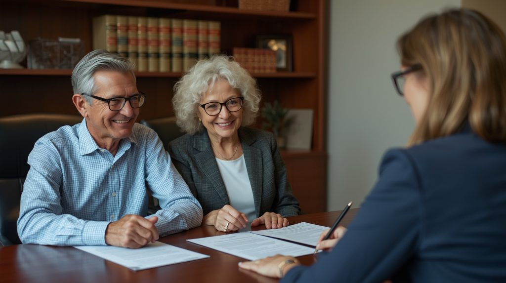 Elderly couple reviewing estate planning documents with a probate lawyer in Shelby Township MI